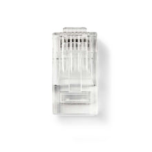 RJ45 modularstik til blød Cat 6 UTP kabel, 10 stk, klar plast med synlige metalkontakter og indre struktur.
