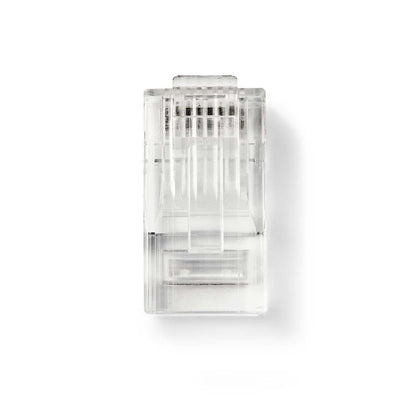 RJ45 modularstik til blød Cat 6 UTP kabel, 10 stk, klar plast med synlige metalkontakter og indre struktur.