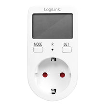 Logilink digital strøm- og energiberegner med display, MODE-, R- og SET-knapper samt Schuko-stik med EU-udgang.