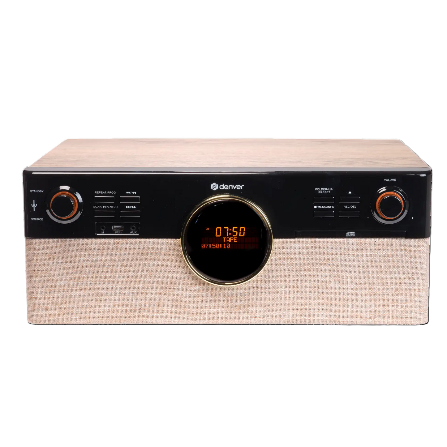 Denver MRD-180 musikcenter, rektangulær, træ-look top, sort betjeningspanel, orange display, beige stoffront.