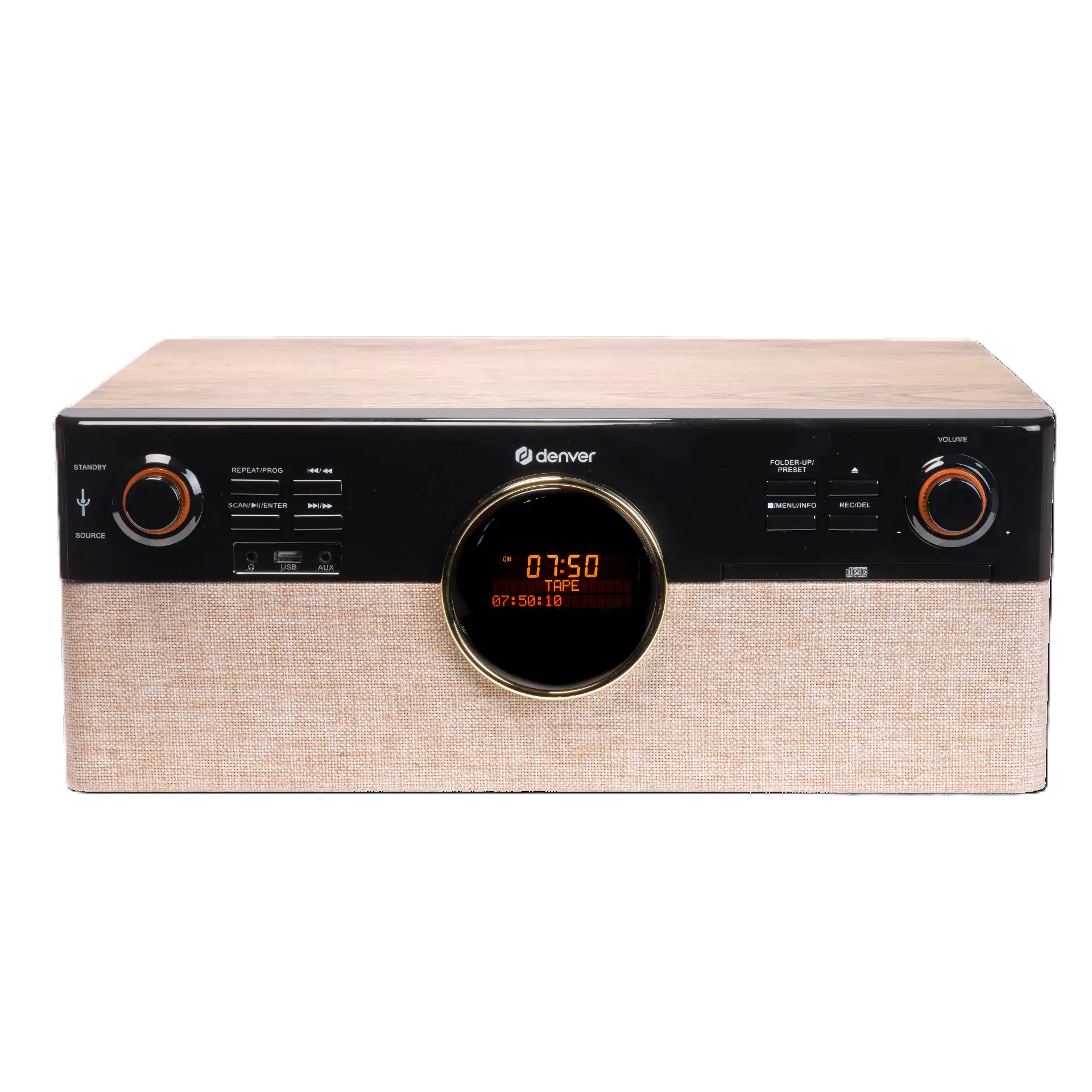 Denver MRD-180 musikcenter, rektangulær, træ-look top, sort betjeningspanel, orange display, beige stoffront.