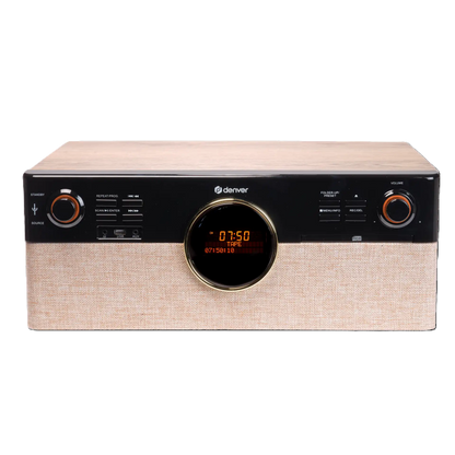 Denver MRD-180 musikcenter, rektangulær, træ-look top, sort betjeningspanel, orange display, beige stoffront.