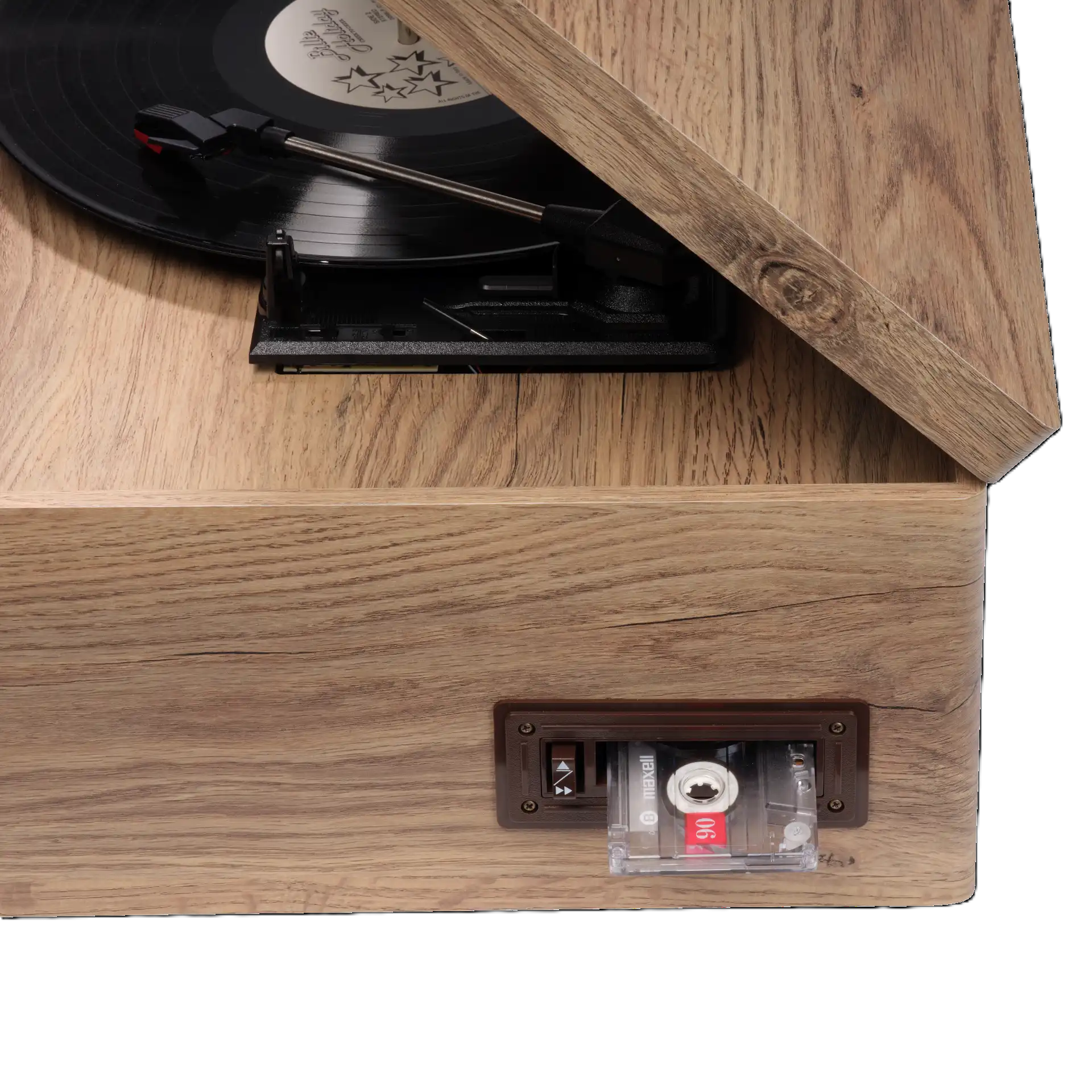 Denver MRD-180 Musikcenter sort, pladespiller med vinyl på drejeskiven og kassettebånd i slotten.