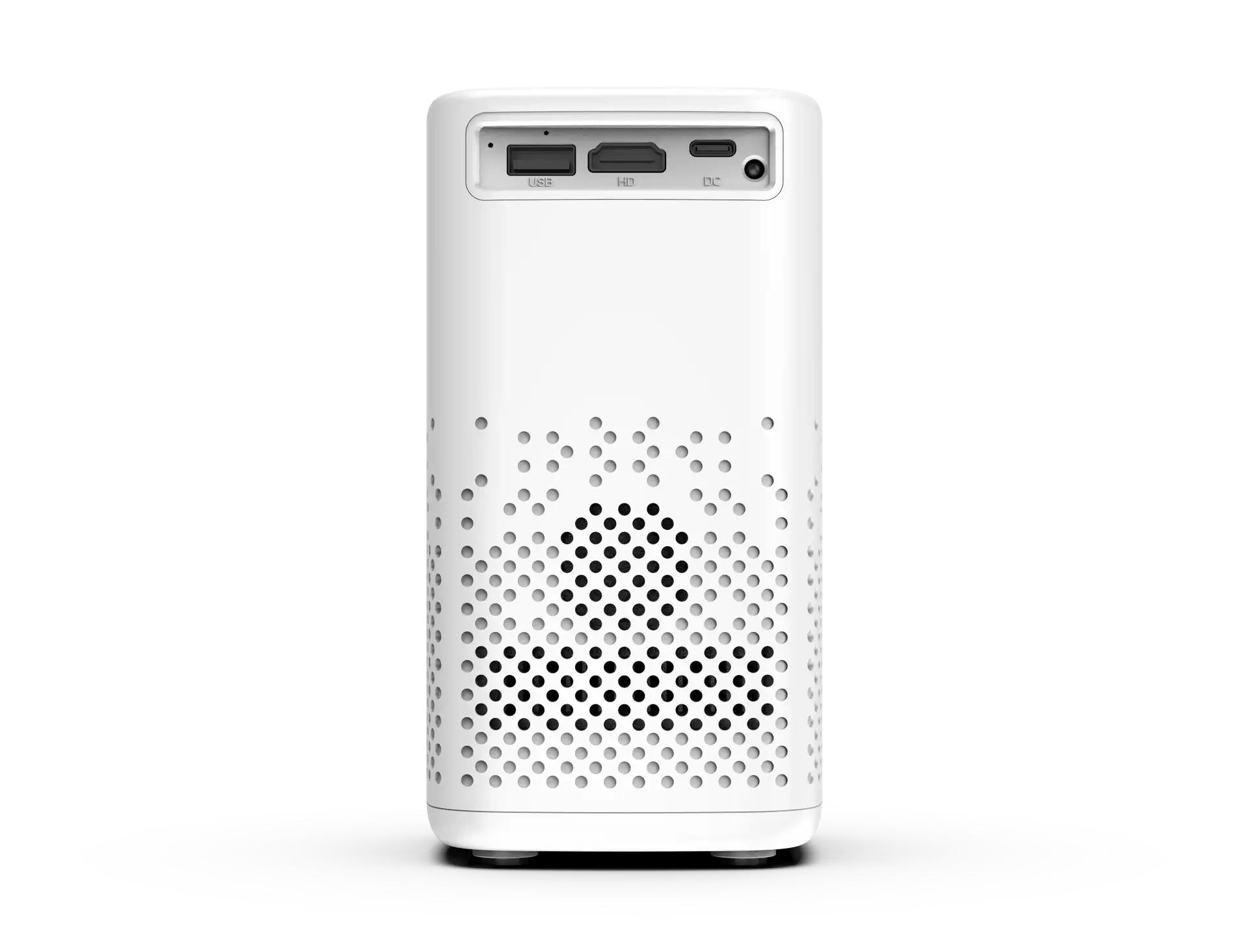 Denver PR-4700 bærbar projektor, 4K-opløsning, bagfra med ventilationshuller, USB-port, HDMI-port og DC-strømindgang.