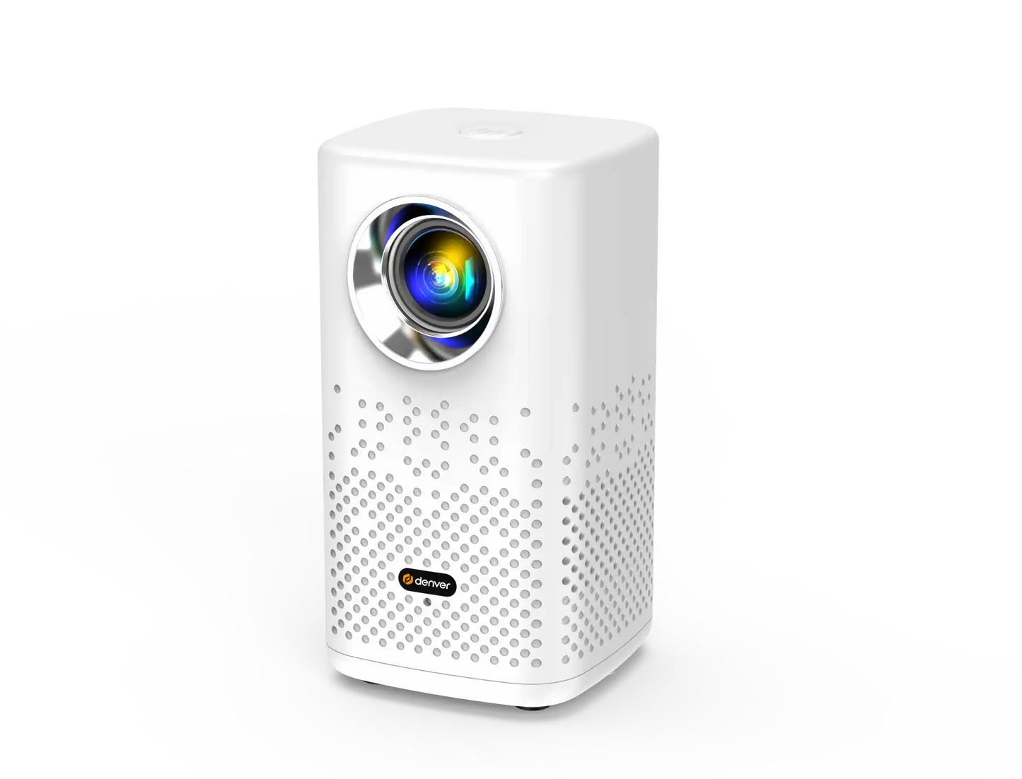 Denver PR-4700 bærbar 4K-projektor med farverig linse og perforeret frontdesign, stående oprejst.
