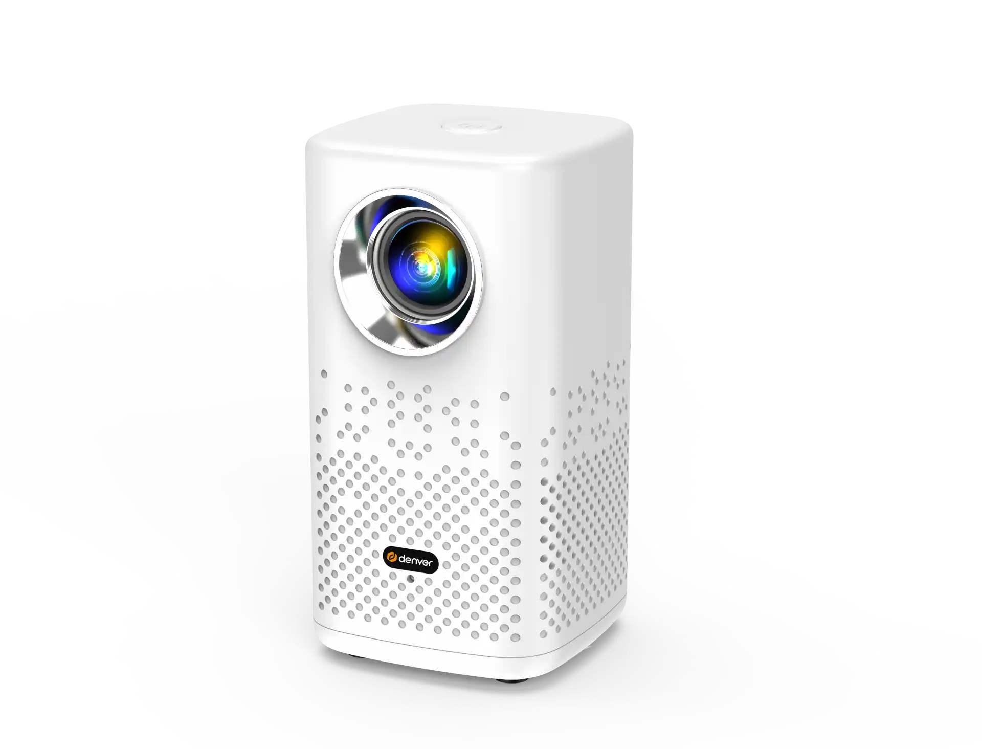 Denver PR-4700 bærbar 4K-projektor med farverig linse og perforeret frontdesign, stående oprejst.