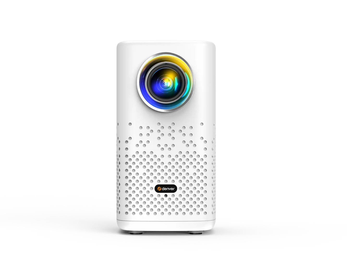 Denver PR-4700 bærbar 4K projektor, hvid rektangulær, stor farvet linse øverst, perforeret front, Denver-logo.
