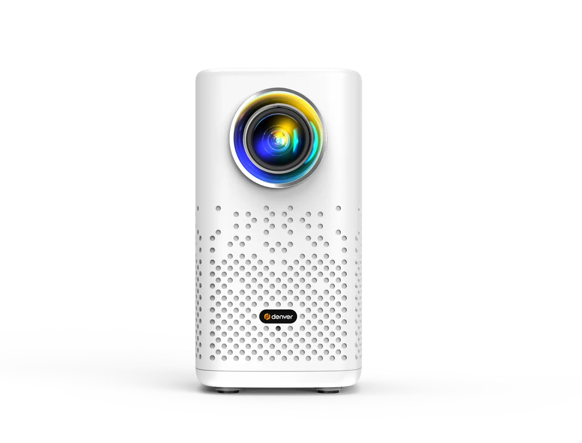 Denver PR-4700 bærbar 4K projektor, hvid rektangulær, stor farvet linse øverst, perforeret front, Denver-logo.