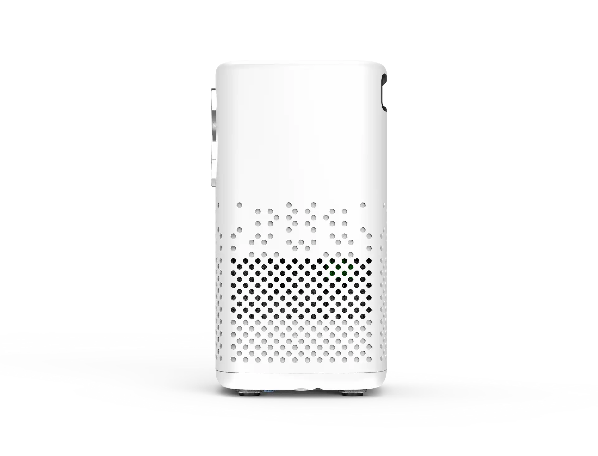 Denver PR-4700 bærbar 4K mini projektor, hvid, rektangulær med afrundede kanter og frontventilation.