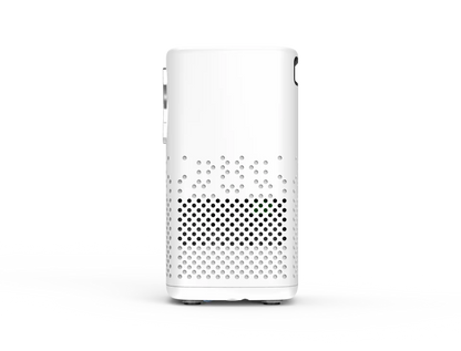 Denver PR-4700 bærbar 4K mini projektor, hvid, rektangulær med afrundede kanter og frontventilation.