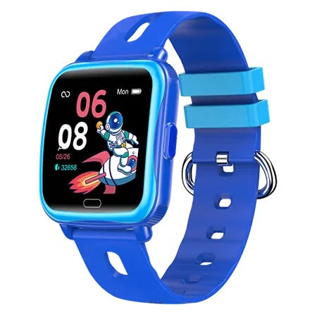 Denver SWK-110P blåt børnesmartwatch med kvadratisk display, klokken 06:08, dato, astronautmotiv, blå rem, metalspænde.