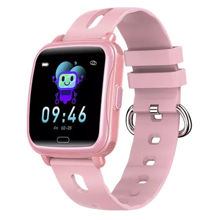 Denver SWK-110P børne-smartwatch pink, rektangulær skærm viser tid, dato, robotfigur, justerbar rem, Bluetooth.