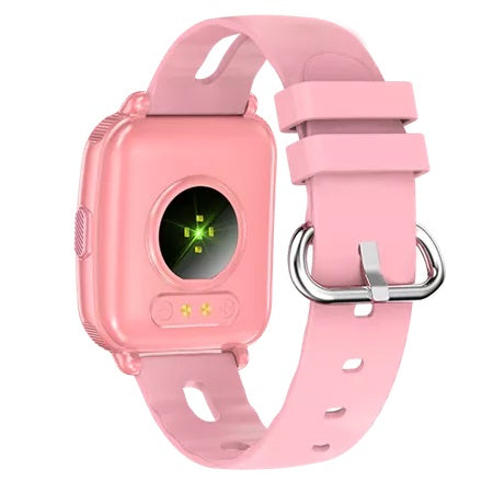 Denver SWK-110P smartwatch til børn, pink, rektangulær skærm, grønne sensorlys under, pink rem med sølvspænde.