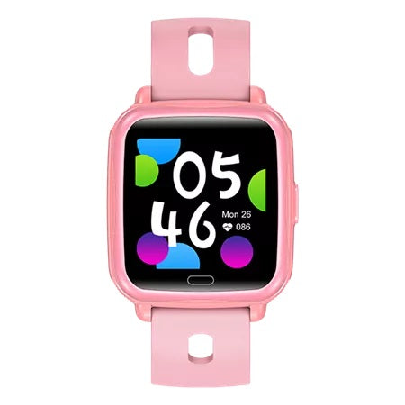 Denver SWK-110P pink børnesmartwatch med rektangulær skærm, klokken 05:46, dato Mon 26, hjerteikon 86, Bluetooth, sensorer.