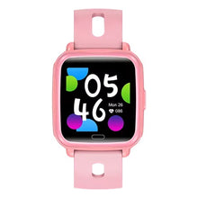 Denver SWK-110P pink børnesmartwatch med rektangulær skærm, klokken 05:46, dato Mon 26, hjerteikon 86, Bluetooth, sensorer.