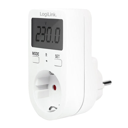 Logilink strøm energiberegner med display 230,0 V, knapper MODE og SET, Schuko-stik til elforbrugsmåling.