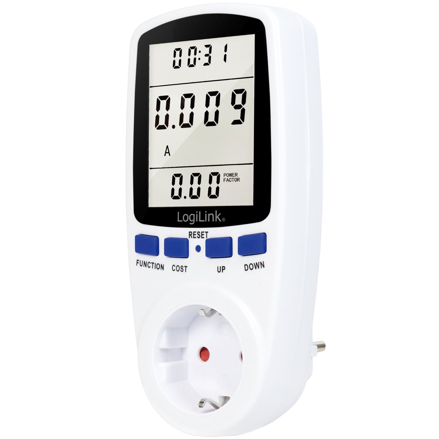 Logilink Digital El-timer Omkostningsberegner energiforbrugsmåler digital display funktions- og cost-knapper stik i bunden.