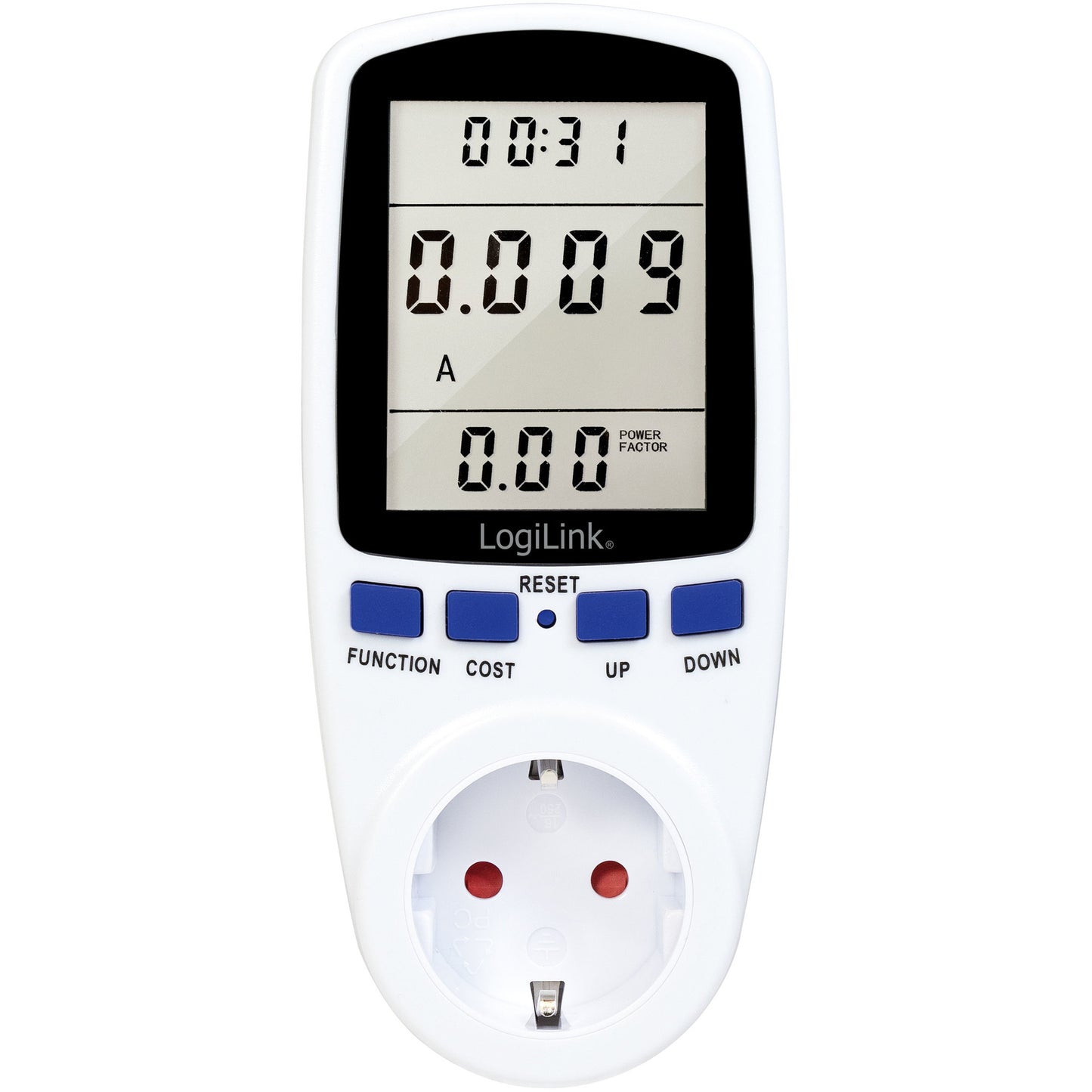 Logilink Digital El timer Omkostningsberegner energimåler med display viser tid, strøm (A), effektfaktor, blå knapper.