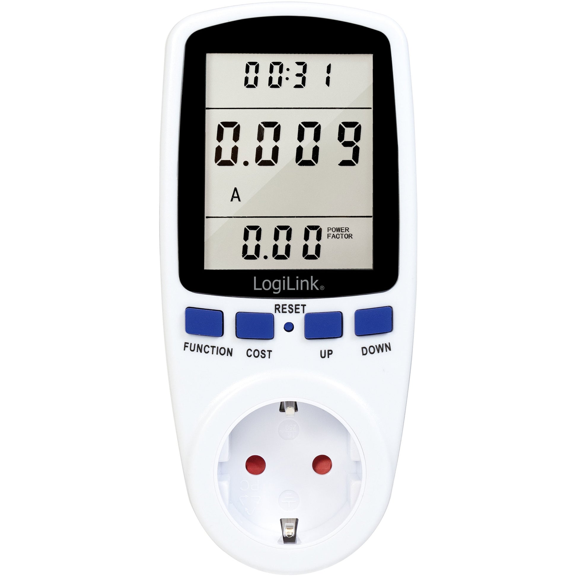 Logilink Digital El timer Omkostningsberegner energimåler med display viser tid, strøm (A), effektfaktor, blå knapper.