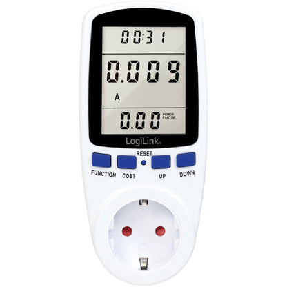 Logilink Digital El timer Omkostningsberegner energimåler med display viser tid, strøm (A), effektfaktor, blå knapper.