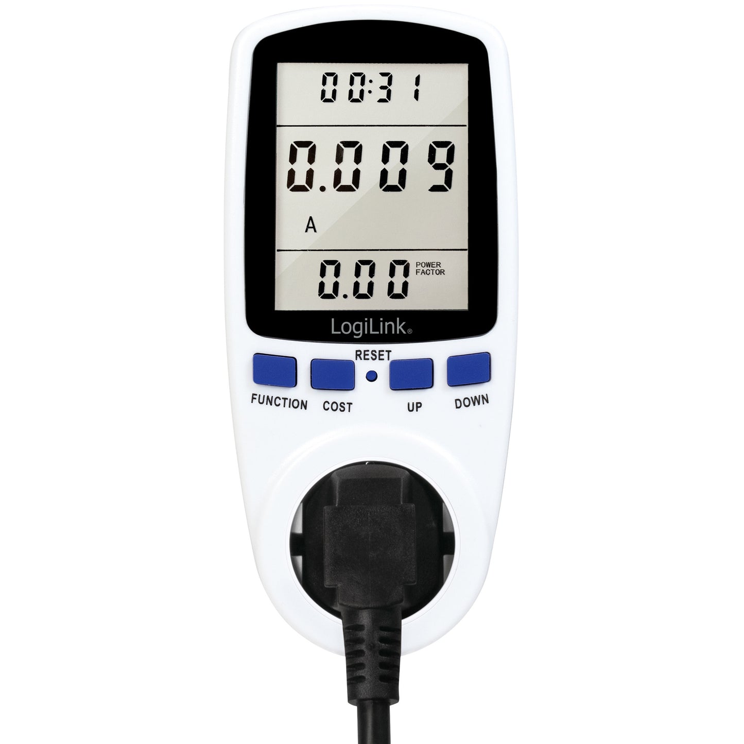 Logilink Digital El timer Omkostningsberegner viser tid, ampere, power factor, knapper FUNCTION COST UP DOWN, sort stik nederst.