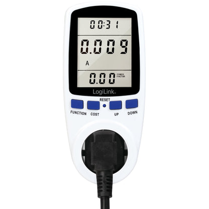 Logilink Digital El timer Omkostningsberegner viser tid, ampere, power factor, knapper FUNCTION COST UP DOWN, sort stik nederst.