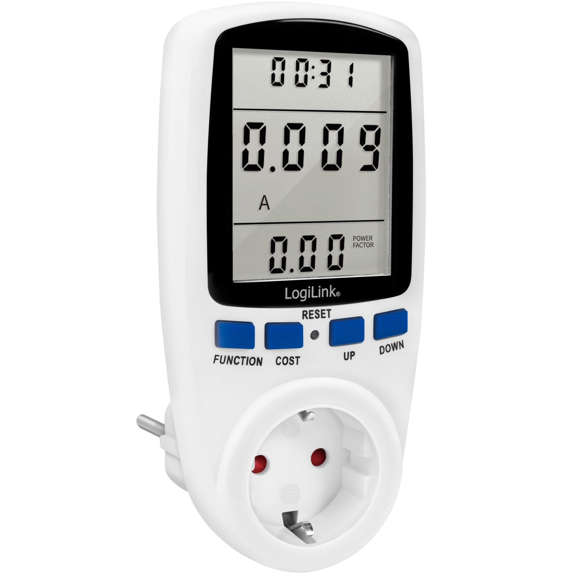 Logilink Digital El timer Omkostningsberegner energimåler med display, blå knapper, EU-stik i bunden.