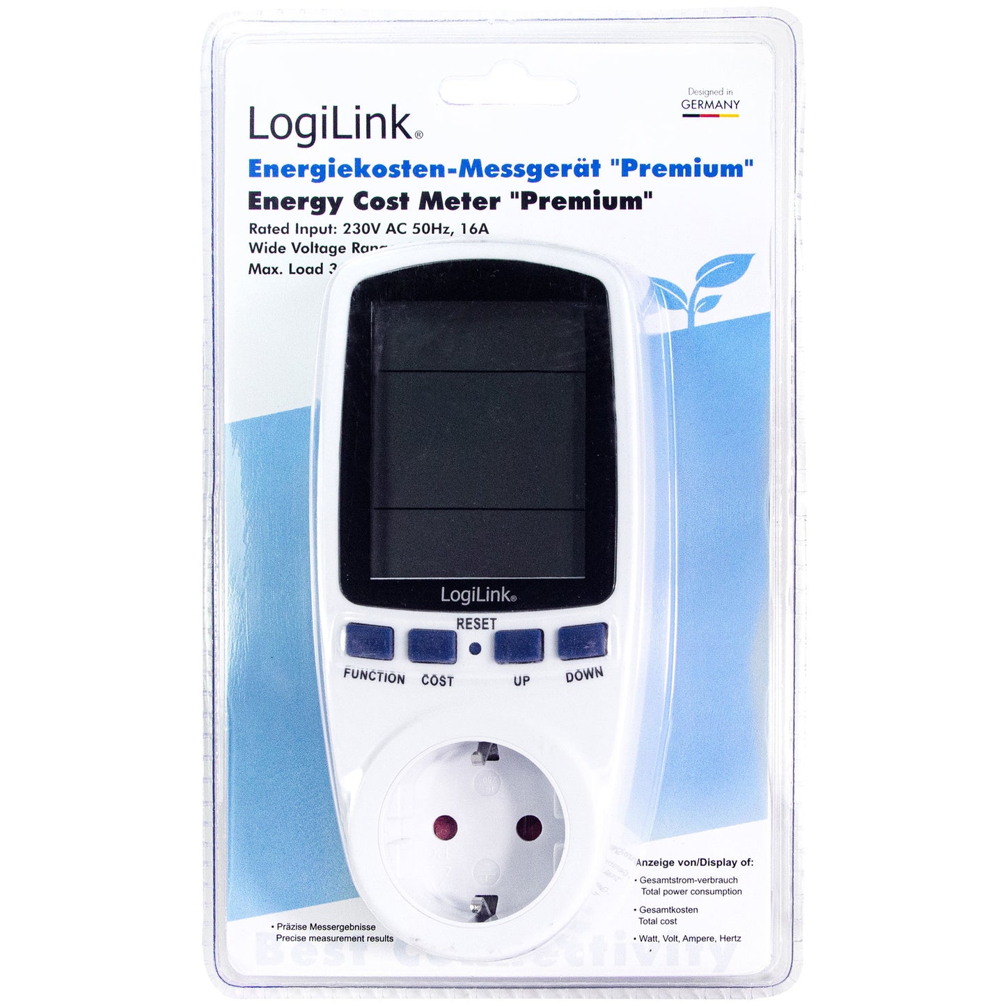 Logilink Digital El-timer Omkostningsberegner i emballage med digitalt display, knapper, strømudtag, tysk/engelsk info.