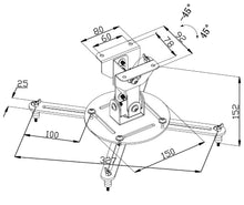 Projektor loftbeslag, fuldt bevægeligt, max 10 kg, sølv, rund base med fire arme, mål i mm, tilt op til 45°.