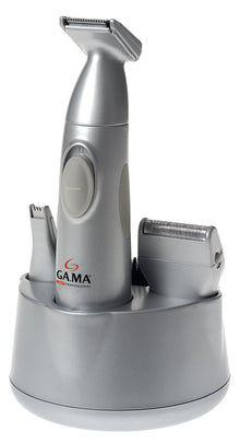 GA.MA GM2102 6i1 hygiejnetrimmer sølv med skæg- og ansigtstrimmer, shaver, tilbehør og rund ladebase med GA.MA logo.