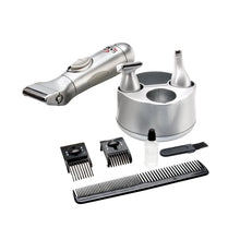 GaMa GM2102 6i1 hygiejnetrimmer sølv med skægtrimmer, trimmerhoveder, kamme, rengøringsbørste, oliefaske, sort kam.