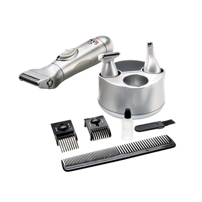 GaMa GM2102 6i1 hygiejnetrimmer sølv med skægtrimmer, trimmerhoveder, kamme, rengøringsbørste, oliefaske, sort kam.