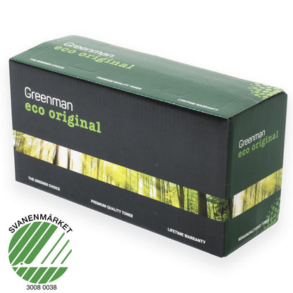 Greenman Patronen til Brother TN-2320 Sort, grøn æske med skovmotiv og Nordic Swan Ecolabel nederst til venstre.