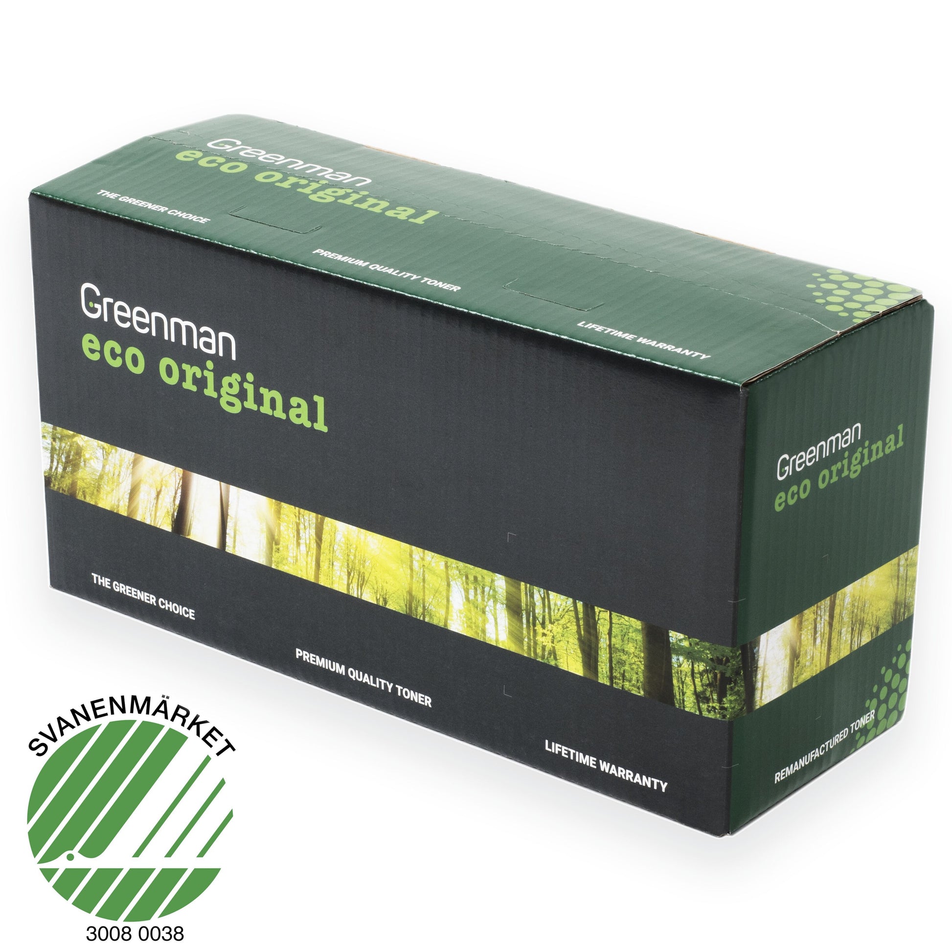 Greenman eco original toner, grøn-sort æske med Svanemærket, kompatibel med Brother TN-2000 sort patron.