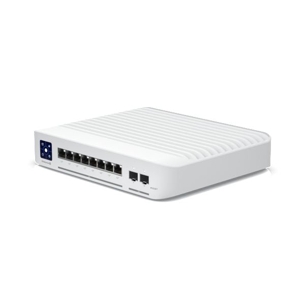 Ubiquiti 10 Ports PoE Netværks Switch med otte Ethernet-porte, to PoE-porte, ventilerede riller og blå frontknap.