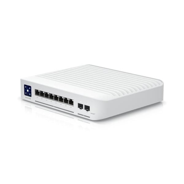 Ubiquiti managed 10 ports PoE netværksswitch med 8 Ethernet-porte, 2 ekstra porte og front indikatorlamper.