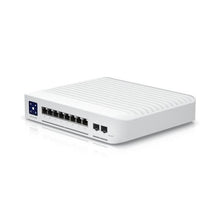 Ubiquiti managed 10 ports PoE netværksswitch med 8 Ethernet-porte, 2 ekstra porte og front indikatorlamper.