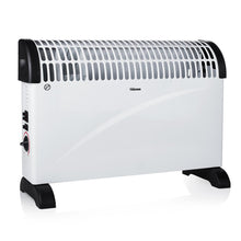 Tristar KA-5912 konvektionsradiator, hvid med sorte sidepaneler og fødder, buet top, venstre kontrolknapper, Tristar-logo.