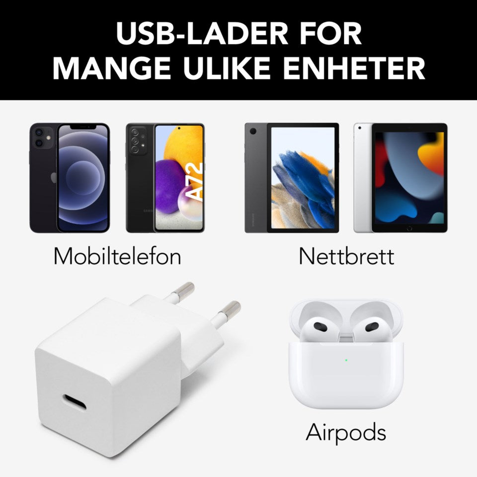 Linocell USB-C oplader PD 20W hvid med smartphones, tablets og AirPods tekst: USB-lader til mange enheder.
