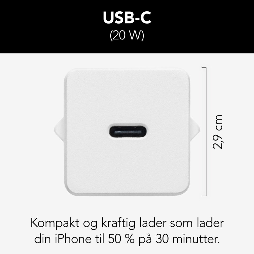 Linocell USB-C oplader PD 20W hvid 2,9 cm høj oplader iPhone til 50 på 30 min.