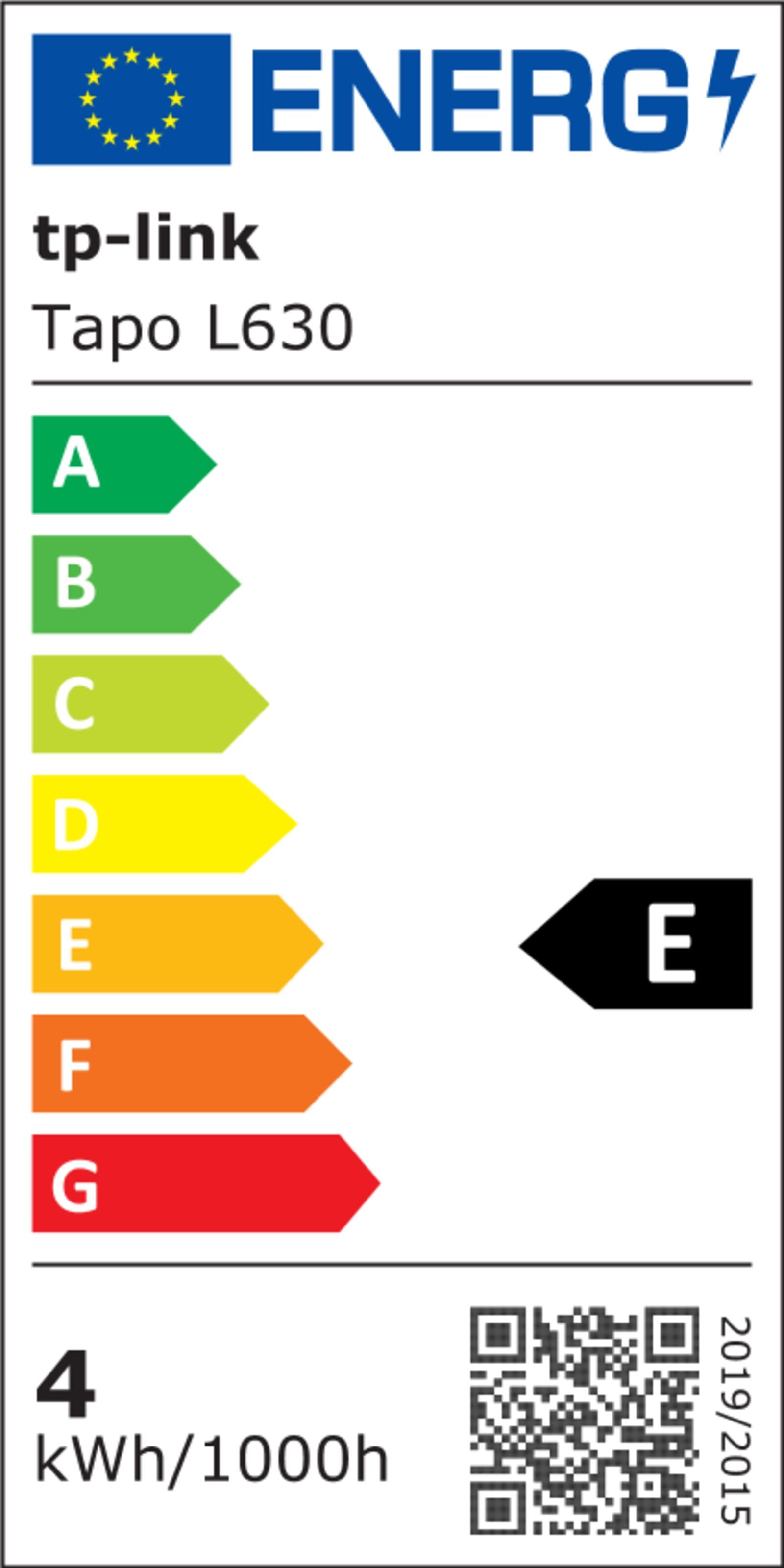 Energimærke til Tapo L630 Smart RGB LED-pære GU10, klasse E (A-G), 4 kWh/1000h, QR-kode synlig.