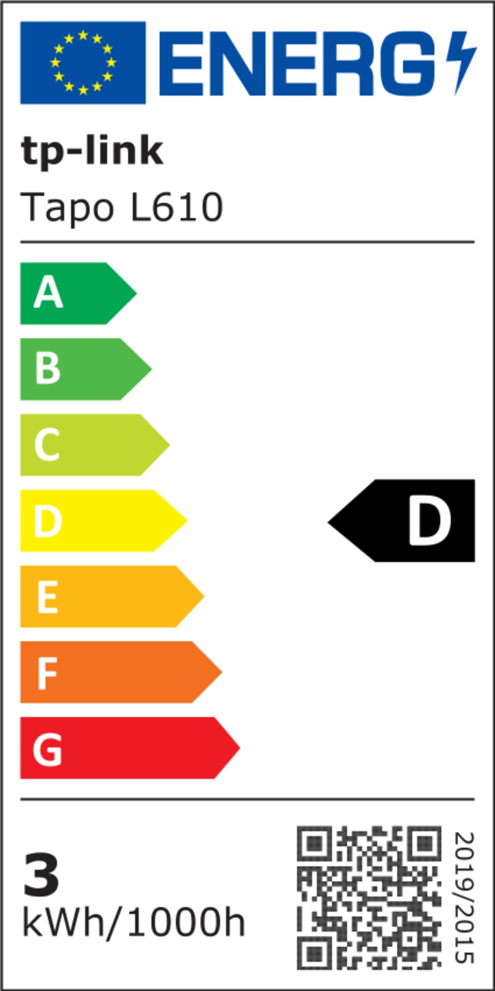 TP-Link Tapo L610 smart LED-pære GU10, energiklasse D, 3kWh/1000h, EU-energilogo og QR-kode, Tapo app kompatibel.