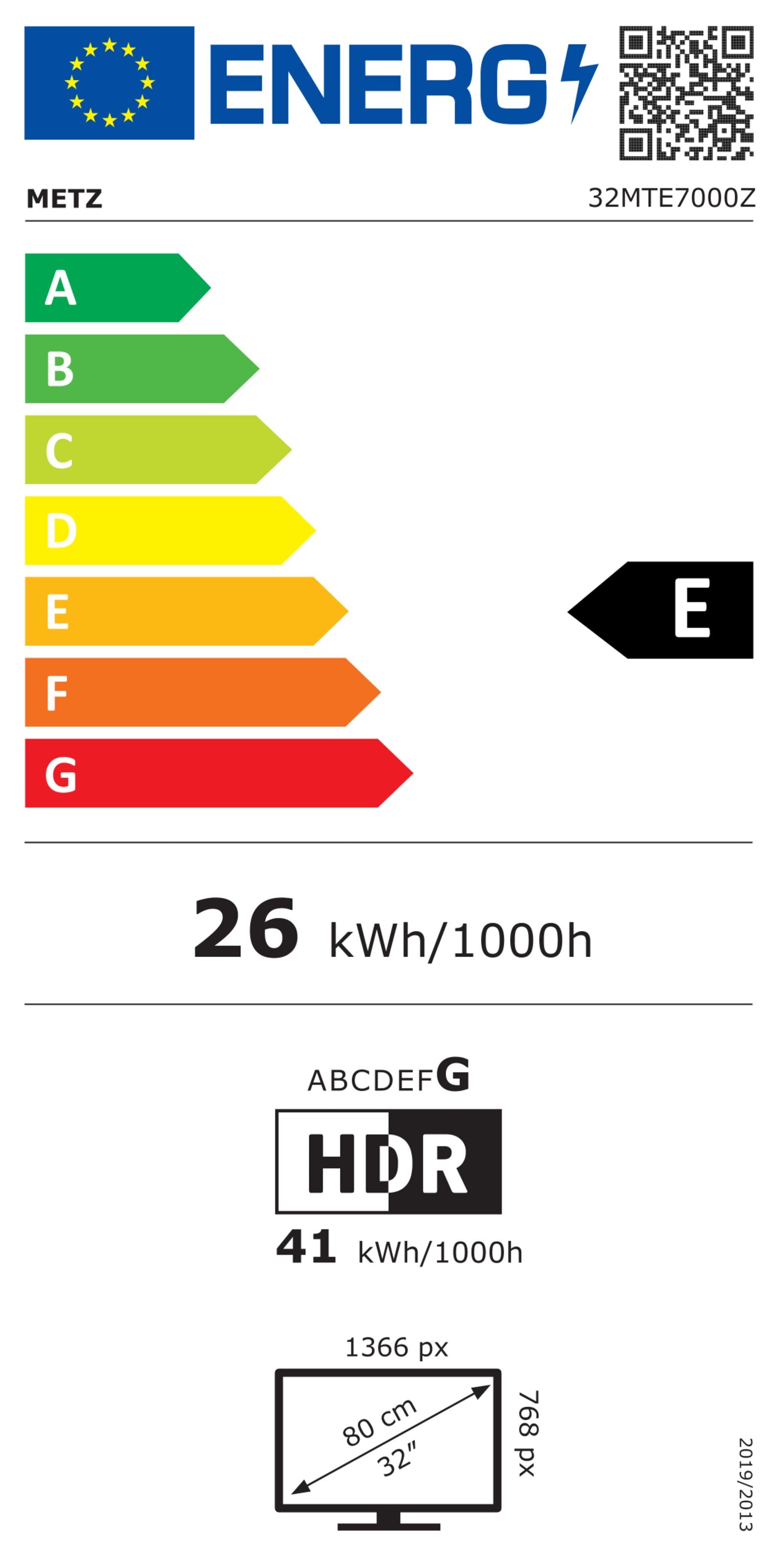 EU energimærke for Metz Bærbar 12V Google TV 32", E, 26 kWh/1000h, 1366x768, 80 cm LED, QR-kode og effektivitetsskala.