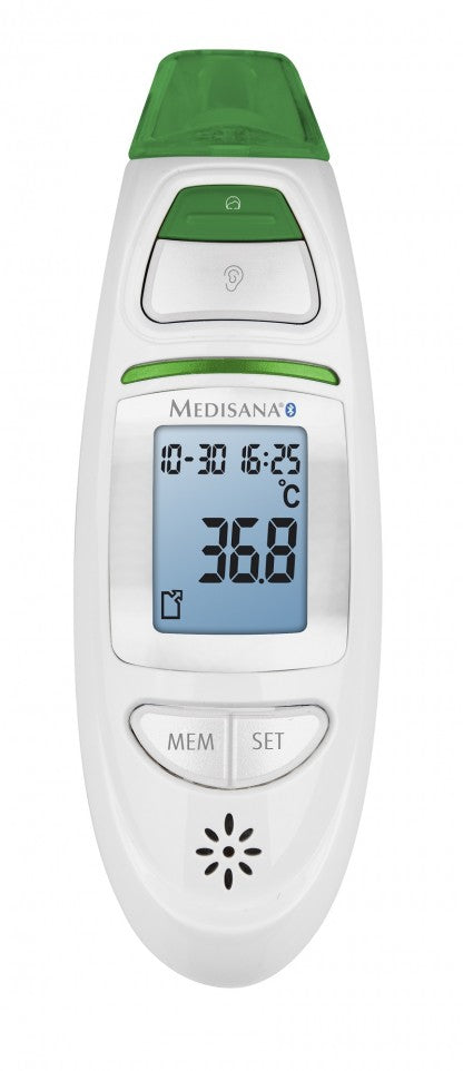 Medisana TM 750 Connect febertermometer med blåt display, viser 36,8°C, dato og tid, MEM/SET knapper, grønne detaljer.