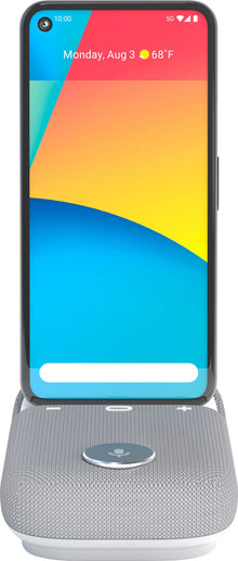 Rayz Rally Pro USB-C konferencehøjttaler med smartphone-dåse, synlig skærm med dato, tid og vejr.