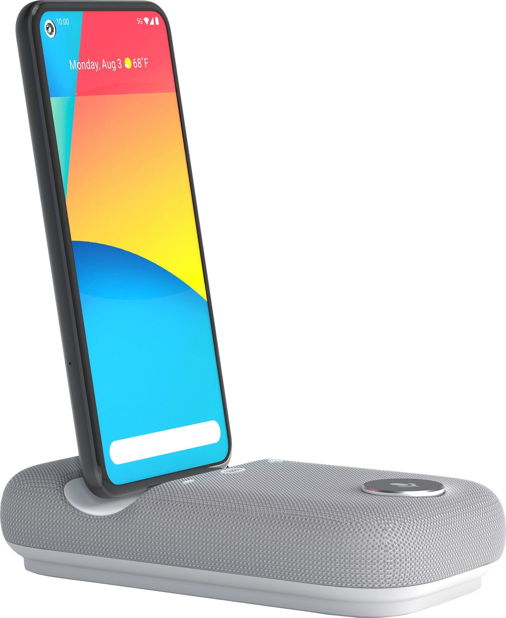 Rayz Rally Pro USB-C konferencehøjttaler grå med stofcover, opladningssymbol, smartphone docket lodret.