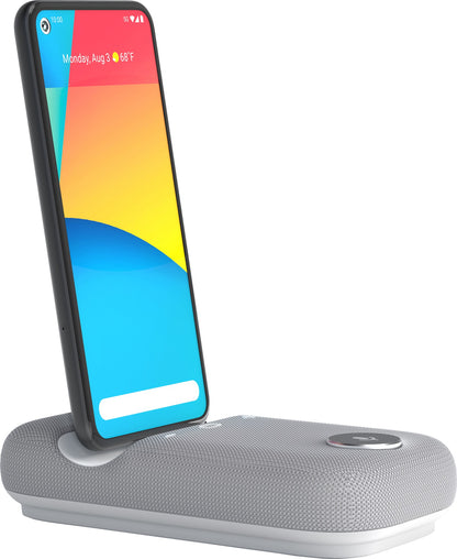 Rayz Rally Pro USB-C konferencehøjttaler grå med stofcover, opladningssymbol, smartphone docket lodret.