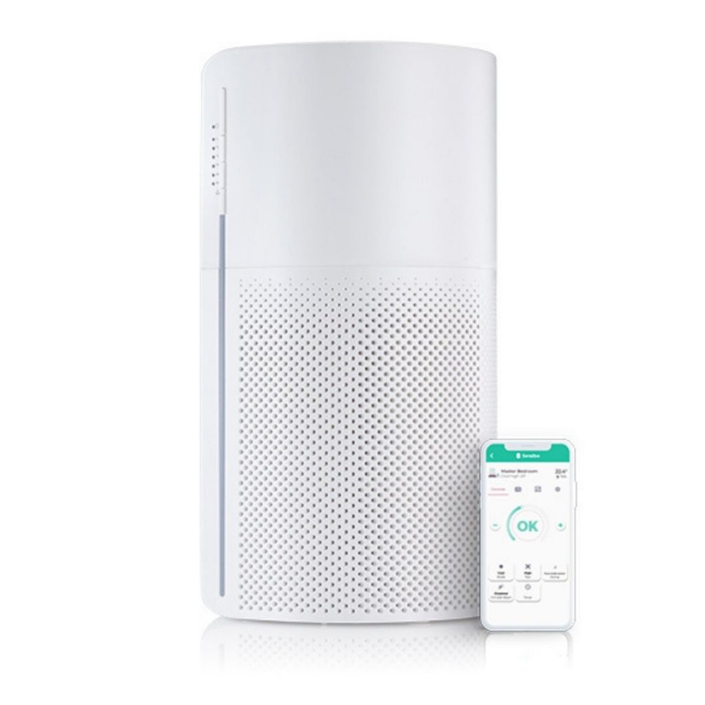 Sensibo Pure luftrenser, hvid cylinder med perforering og synlig app på smartphone, HEPA-filter vises.