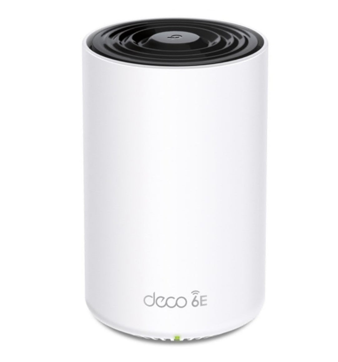 TP-Link Deco XE75 AXE5400 WiFi 6E router 1-pakke, hvid cylinder, sort top, "deco 6E" front, grøn indikator nederst.