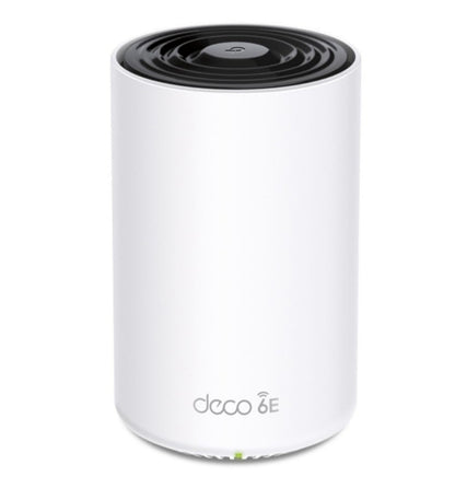 TP-Link Deco XE75 AXE5400 WiFi 6E router 1-pakke, hvid cylinder, sort top, "deco 6E" front, grøn indikator nederst.
